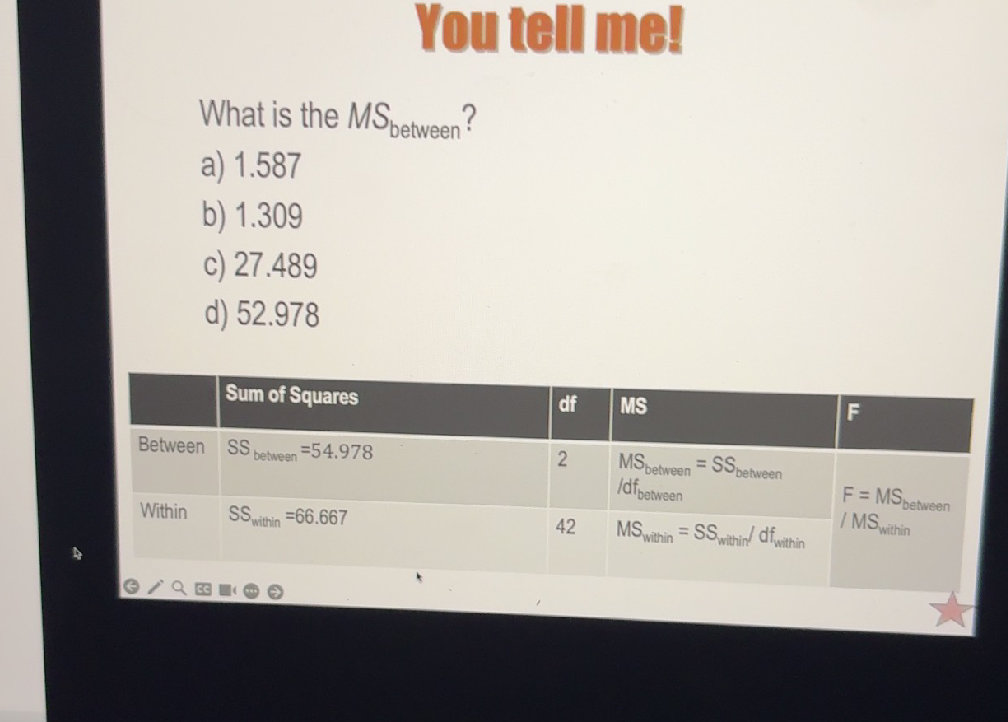 Df Between What is the $MS_{between}$? a) 1.587 b)
