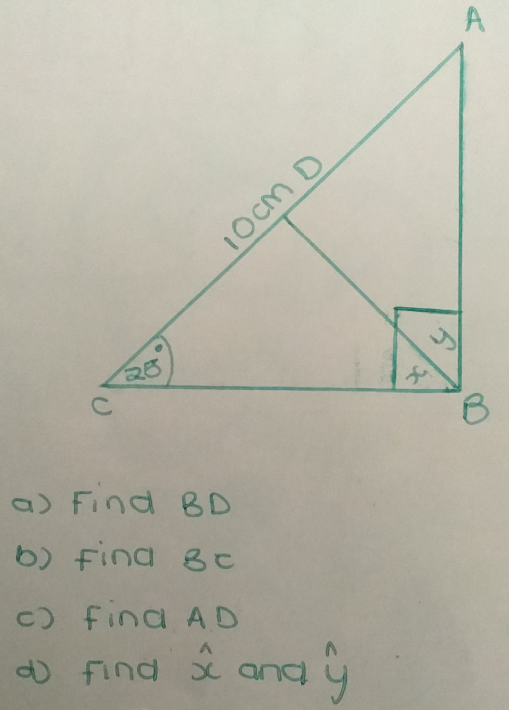 A triangle ABC is shown with angle C = 28