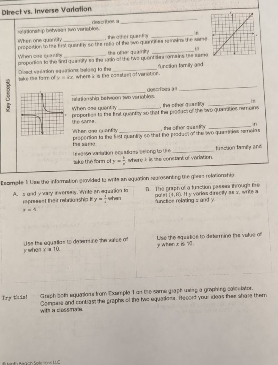 Key Concepts Direct vs. Inverse Variation