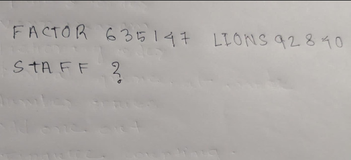 Word Number Puzzle: FACTOR, LIONS, STAFF