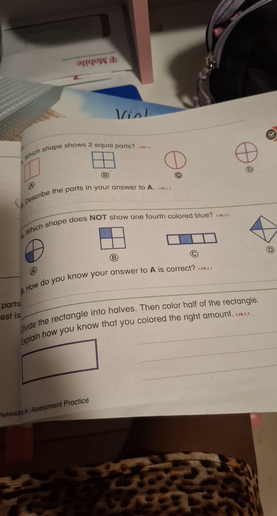 Which shape shows 2 equal parts? A. B. C. D.