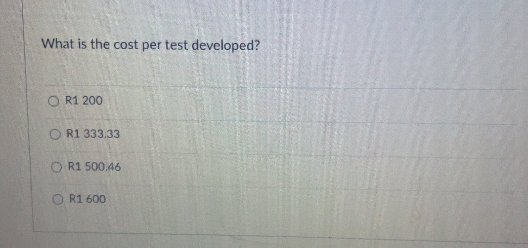 What is the cost per test developed? R1 200