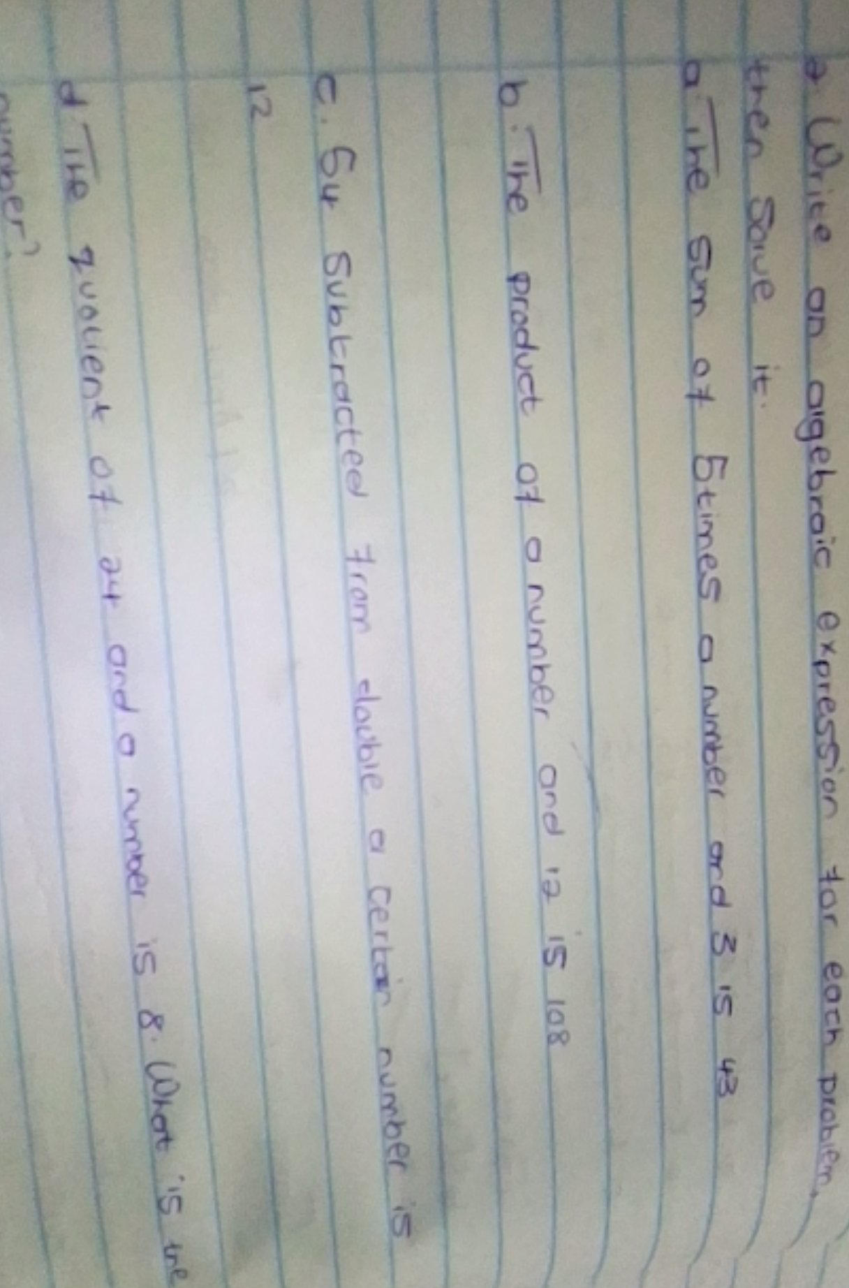 a. Write an algebraic expression for each