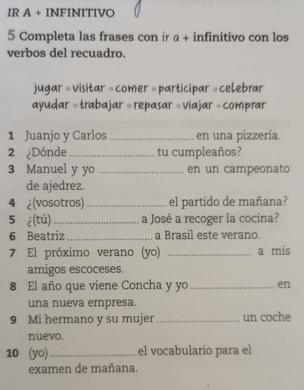 IR A + INFINITIVO 5 Completa las frases con