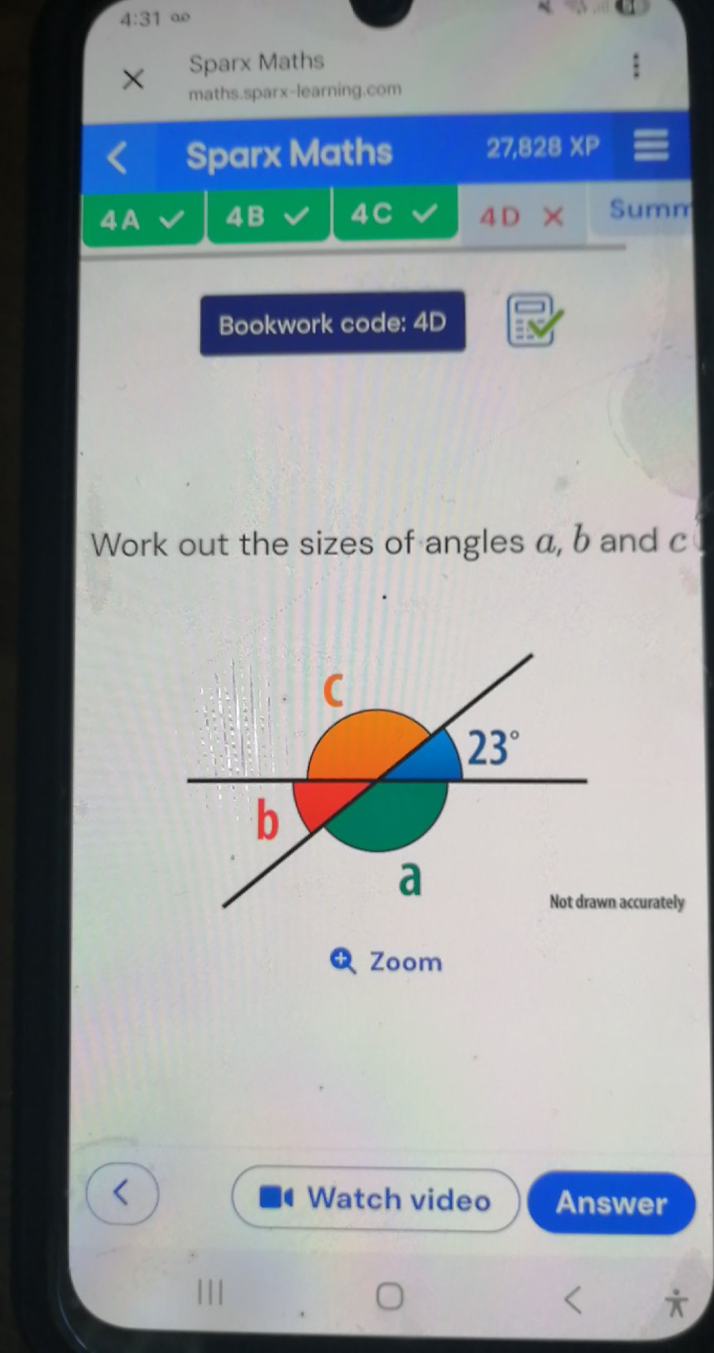 Work out the sizes of angles a, b and c