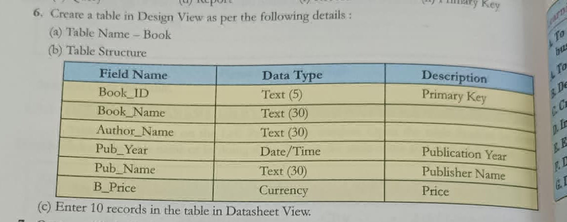 6. Creare a table in Design View as per the | StudyX
