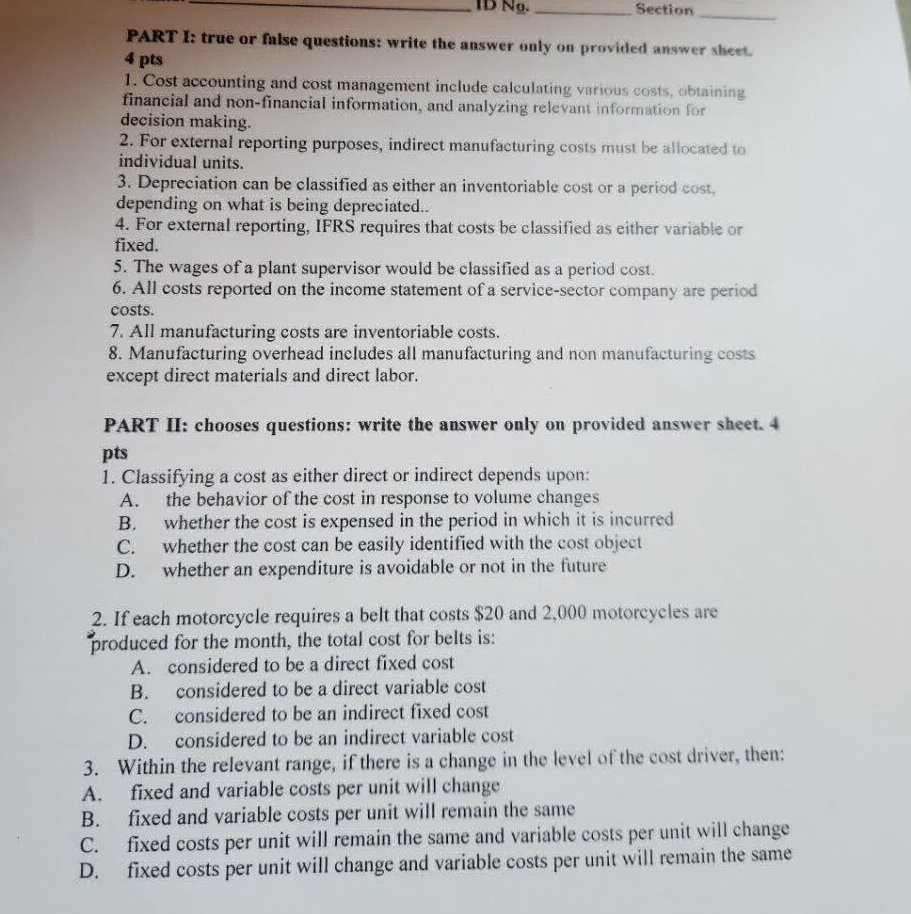 PART I: true or false questions: write the | StudyX