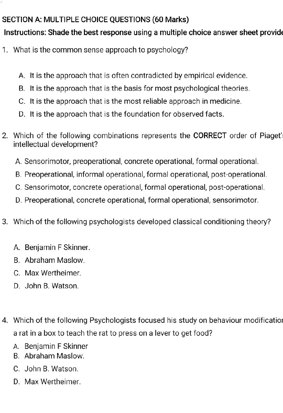 SECTION A: MULTIPLE CHOICE QUESTIONS (60 | StudyX