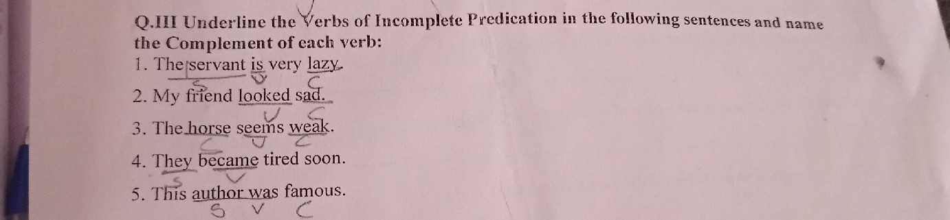 Q.III Underline the Verbs of Incomplete | StudyX