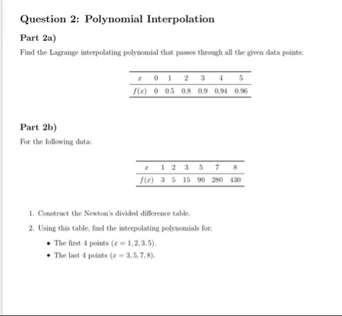Question 2: Polynomial Interpolation Part | StudyX
