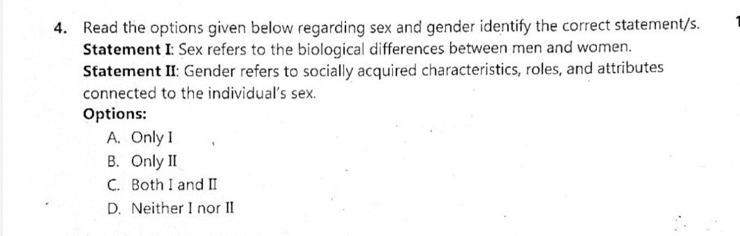 Read the options given below regarding sex | StudyX