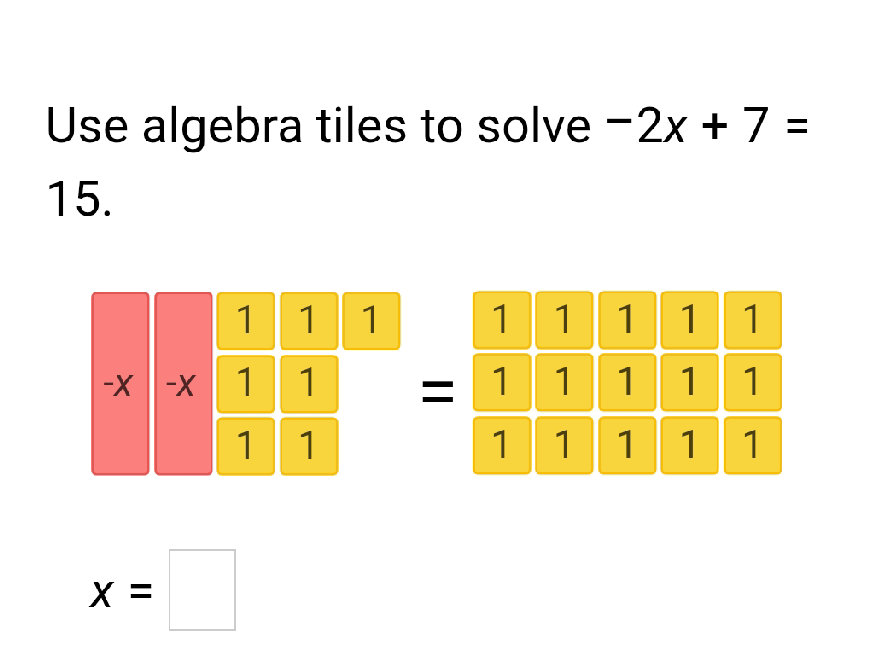 Use algebra tiles to solve $-2x + 7 = 15$. | StudyX
