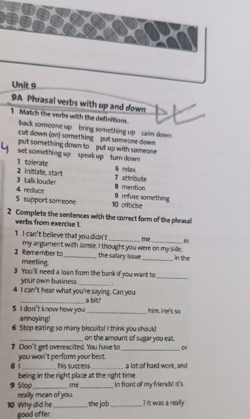 Unit 9 9A Phrasal verbs with up and down 1 | StudyX