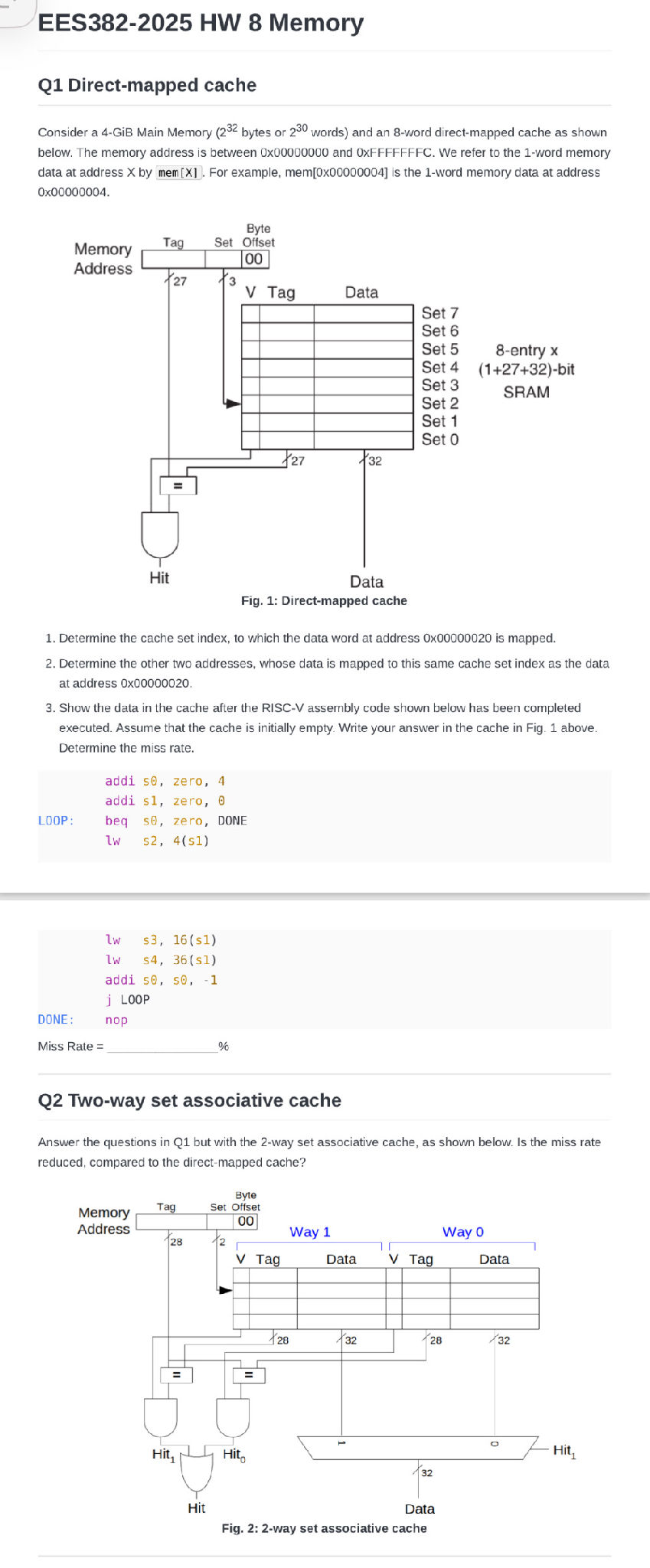 Q2 Two-way set associative cache Answer the | StudyX