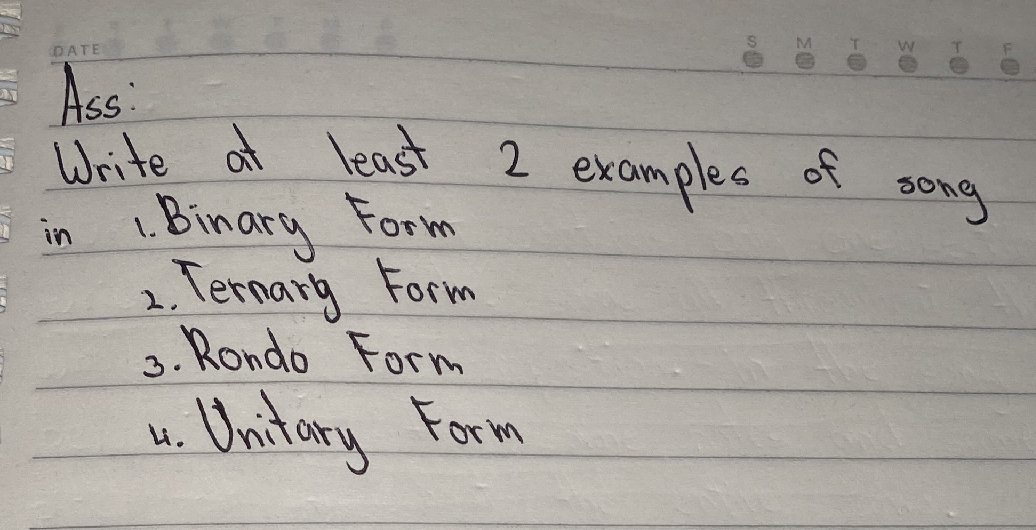 Ass: Write at least 2 examples of song in 1. | StudyX