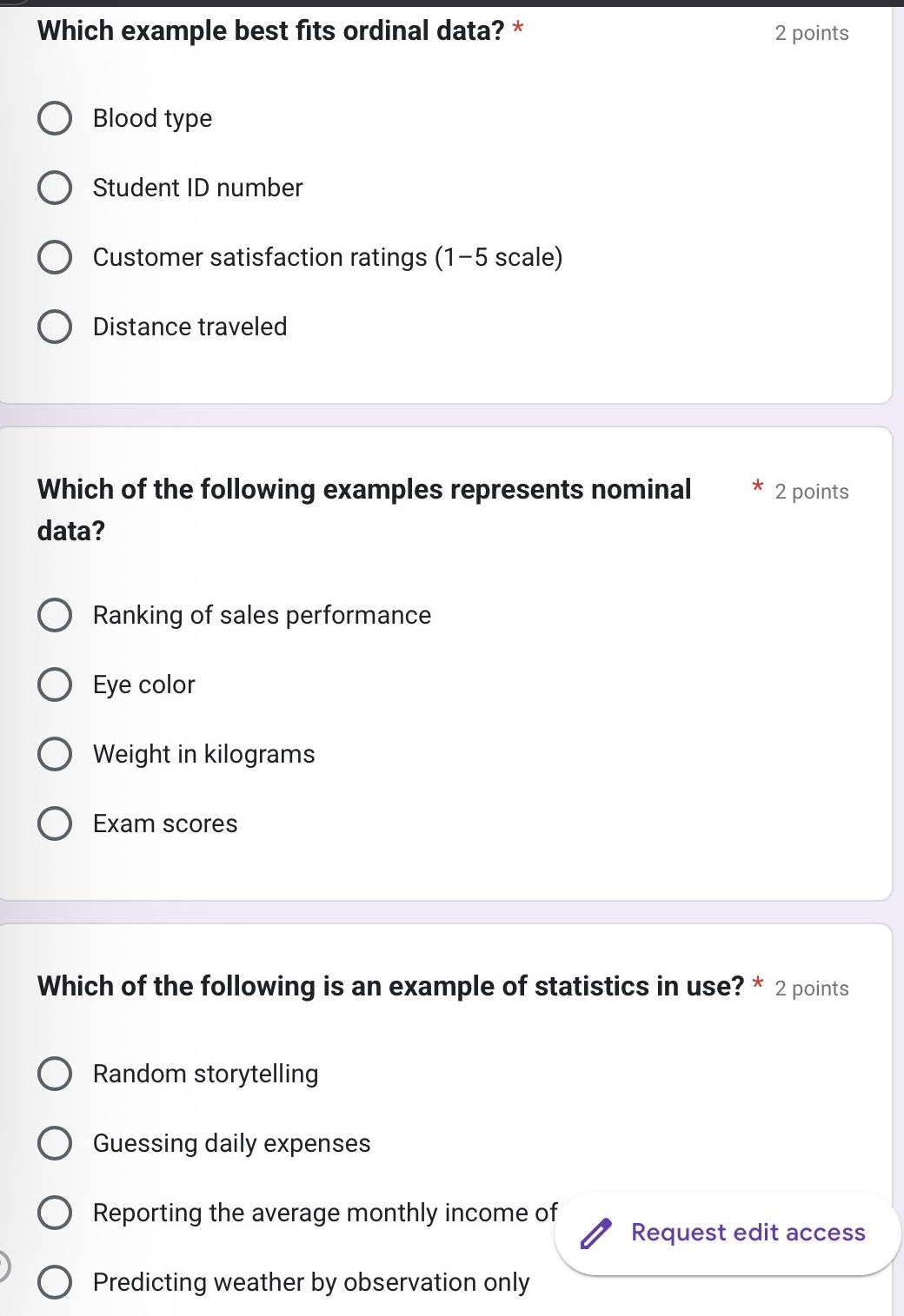 Which example best fits ordinal data? Blood