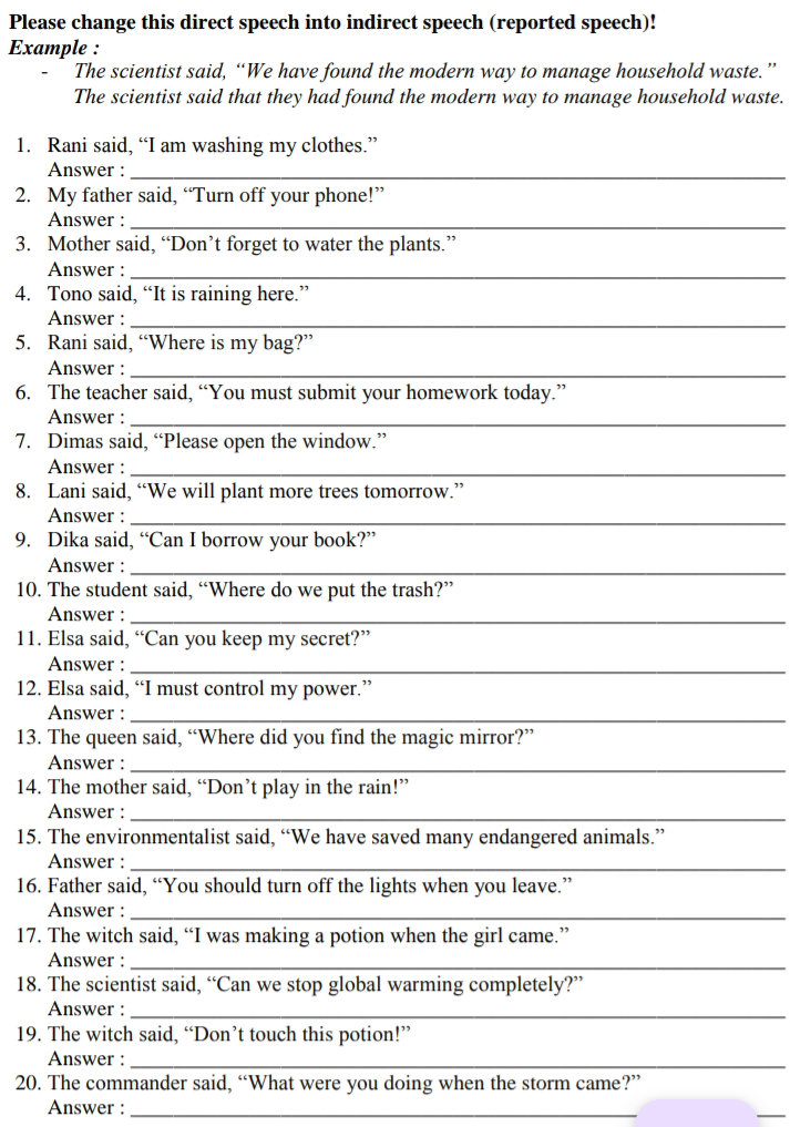 Please change this direct speech into | StudyX