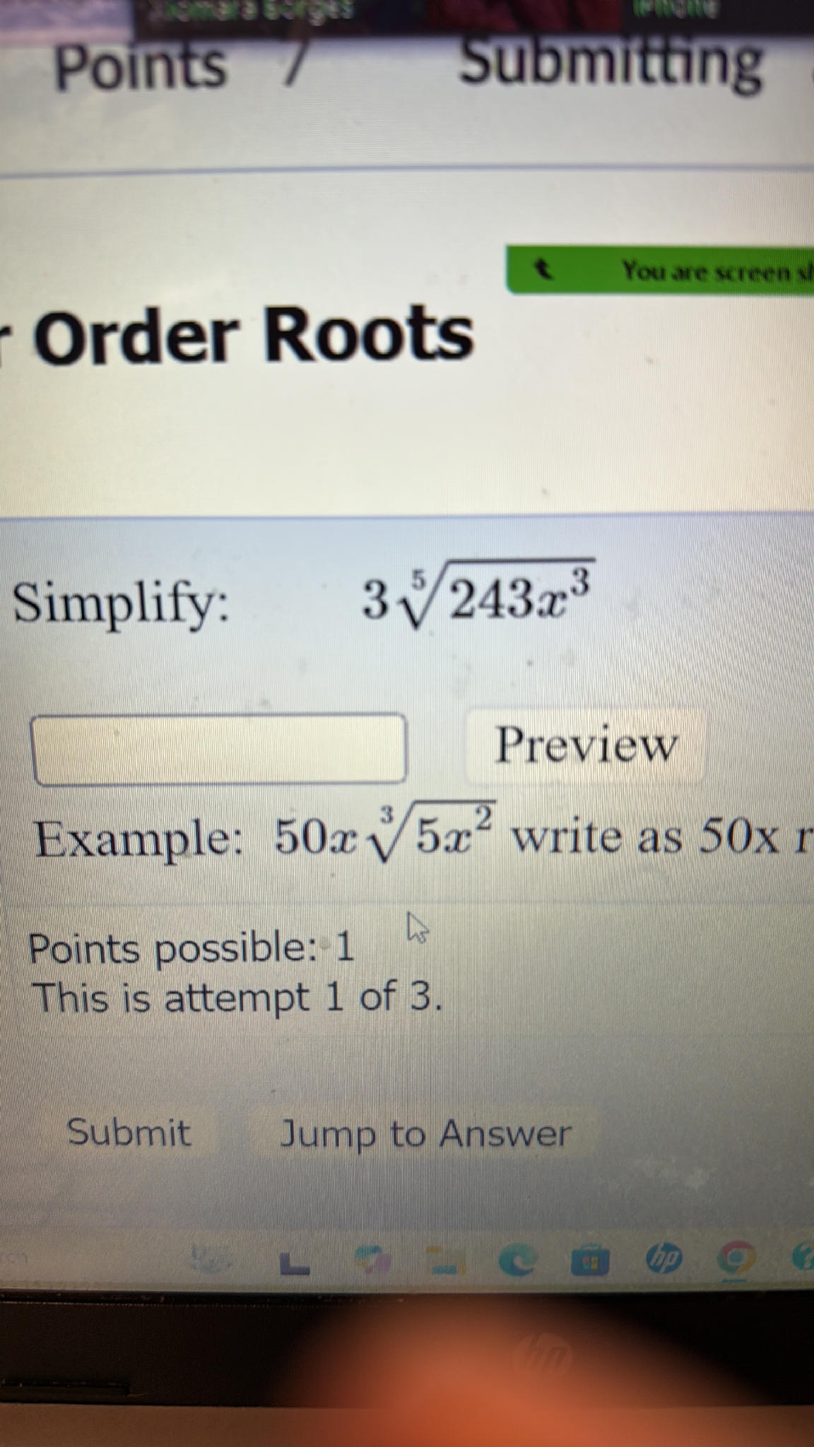 Simplify: $$3 [5]{243x^3}$$ Example: $50x | StudyX