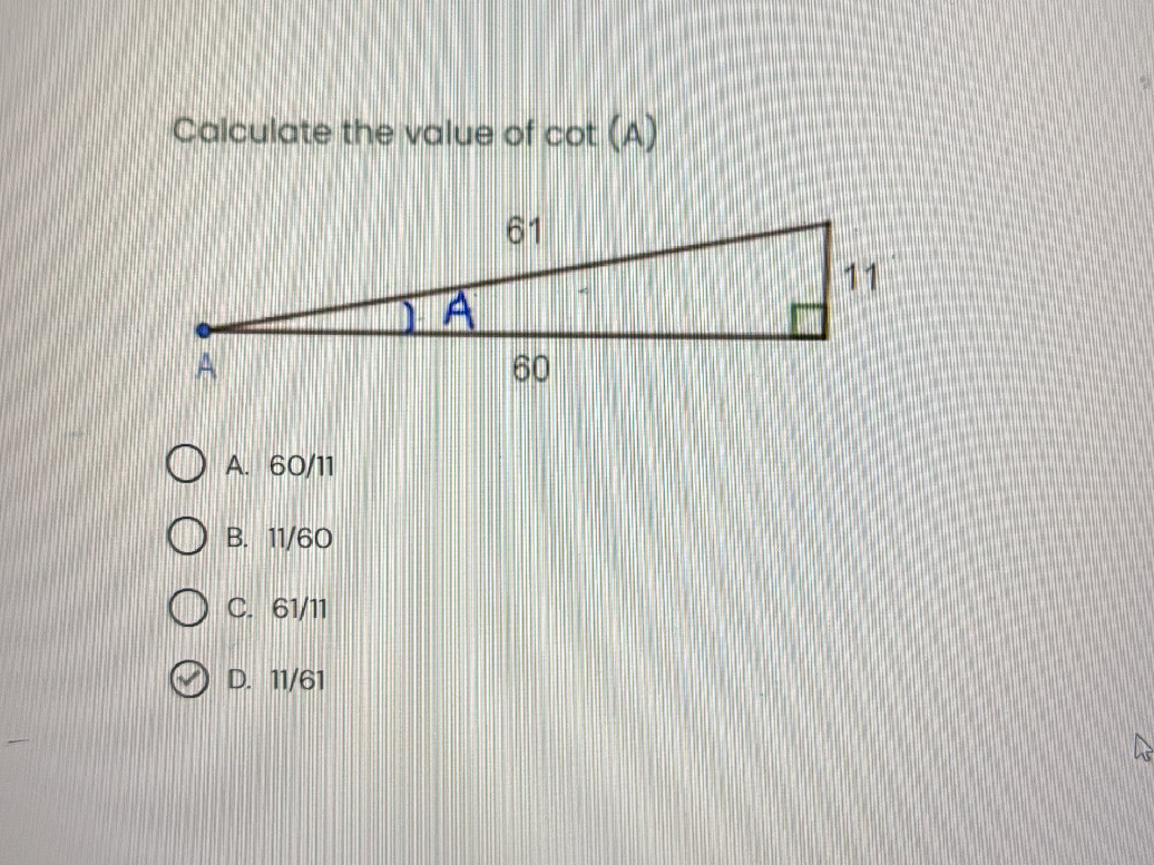 Calculate the value of cot (A) [Diagram | StudyX