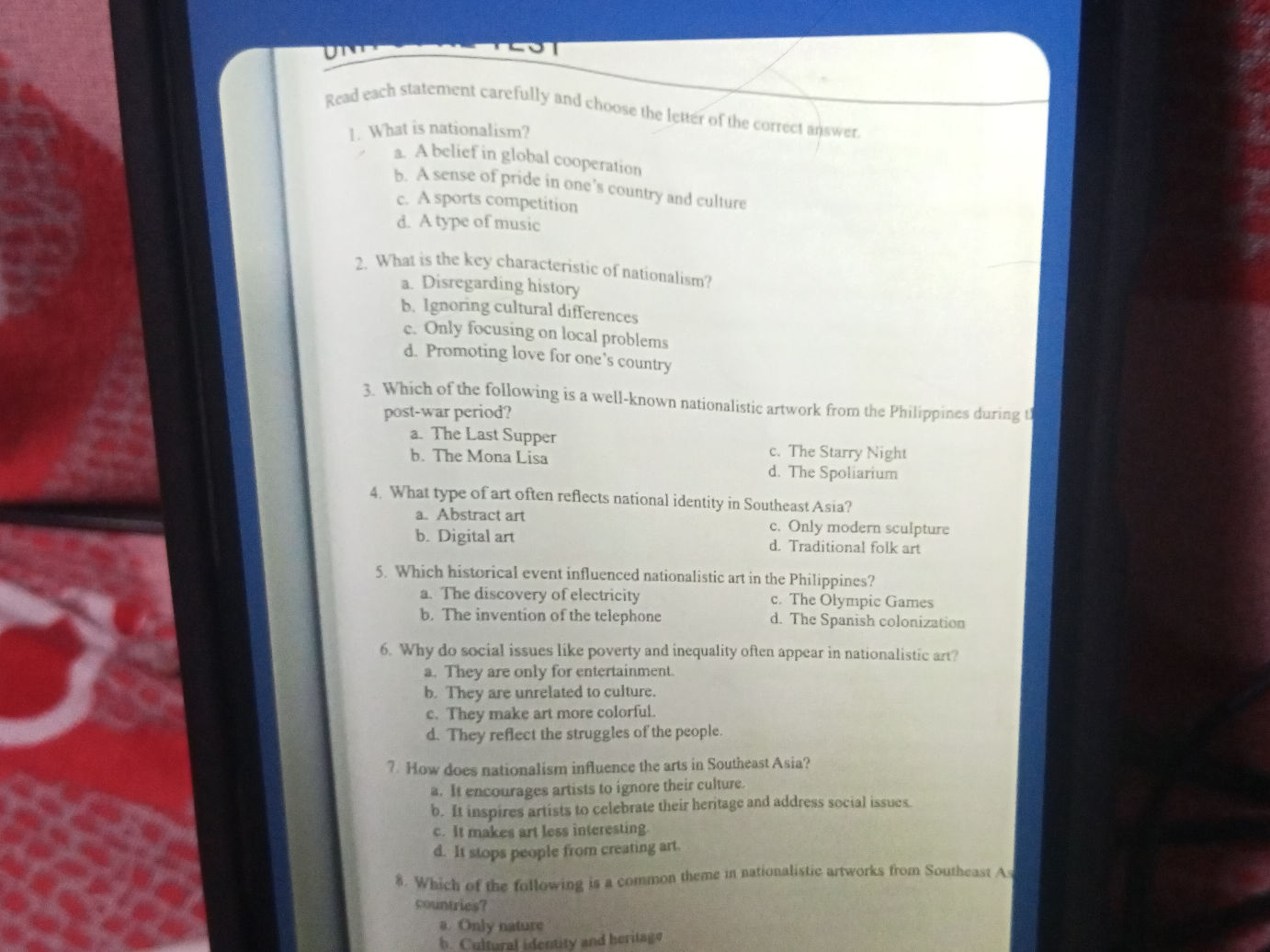 Read each statement carefully and choose the | StudyX