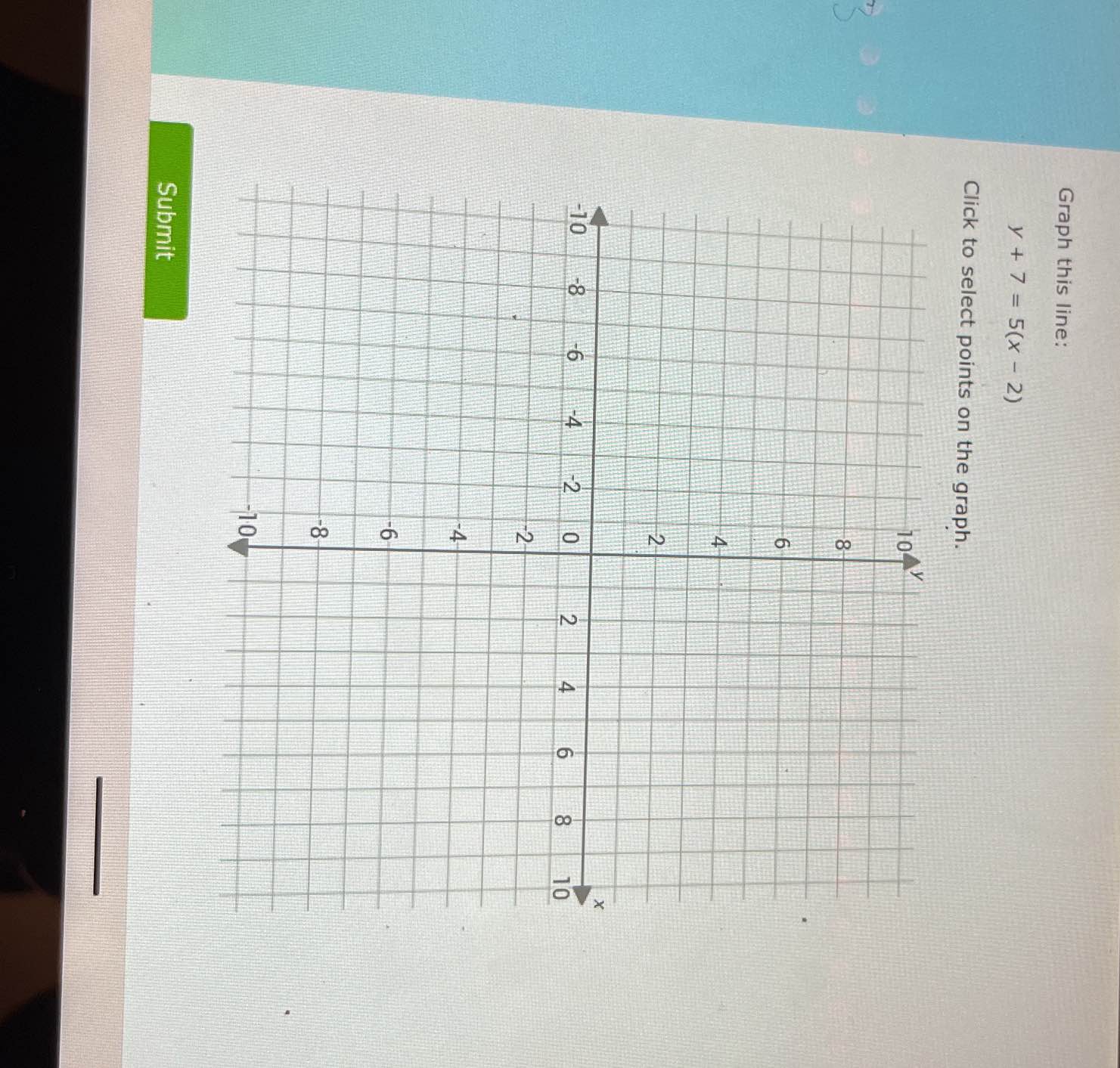 Graph this line: \(y + 7 = 5(x - 2)\) | StudyX