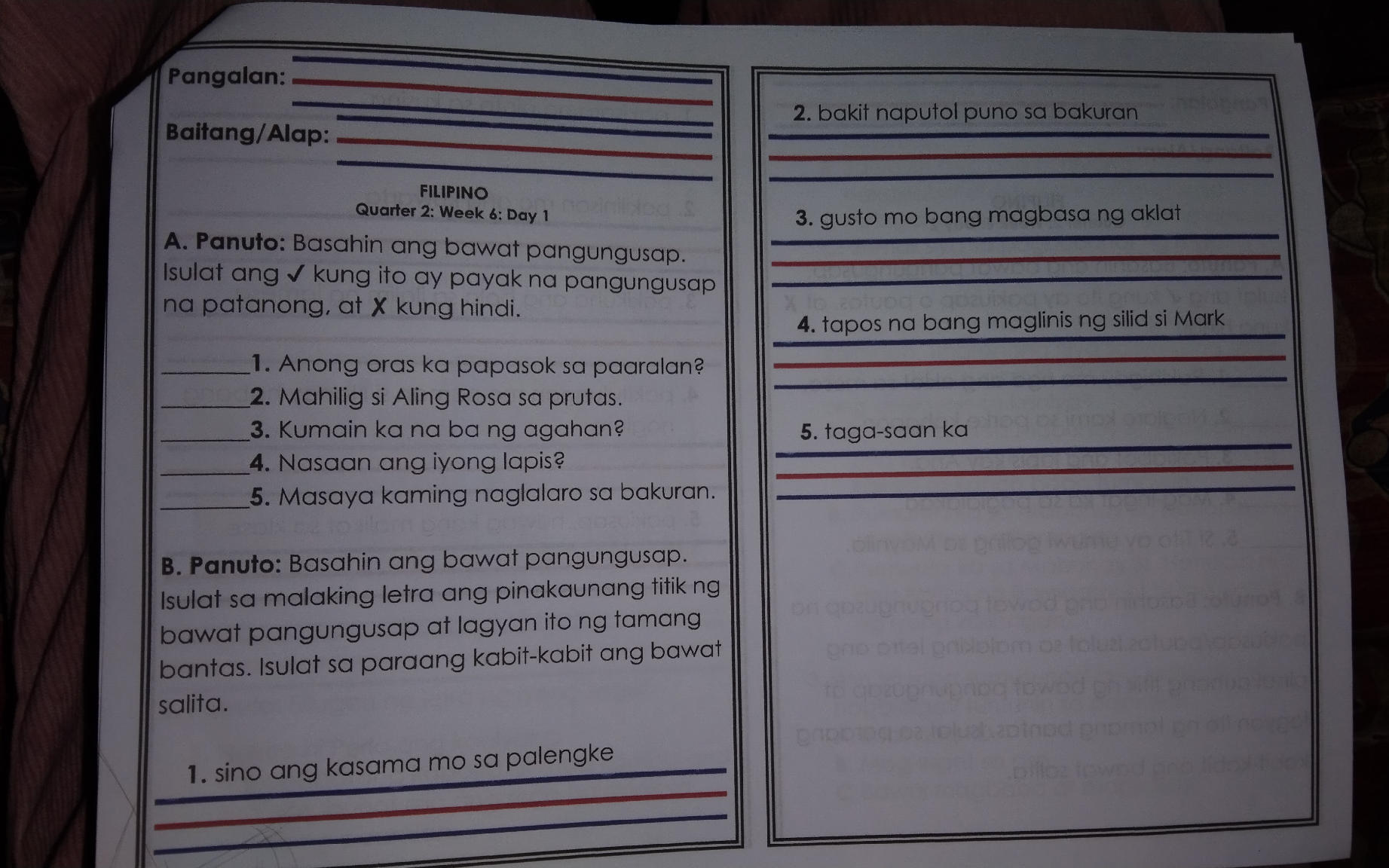 A. Panuto: Basahin ang bawat pangungusap. | StudyX