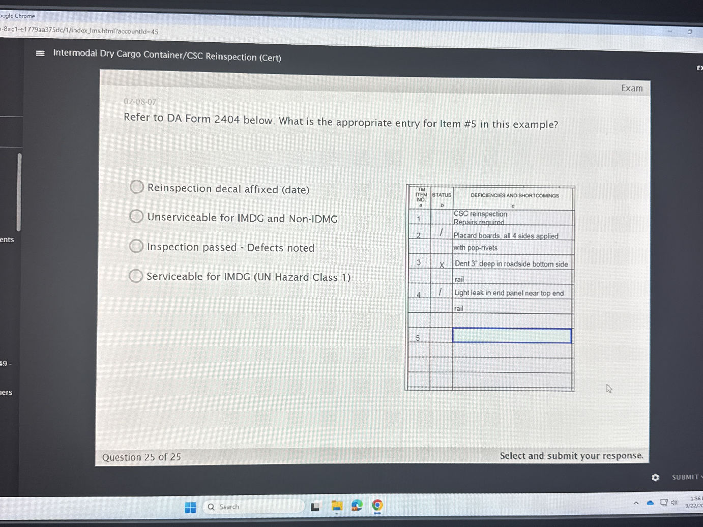 Refer to DA Form 2404 below. What is the | StudyX