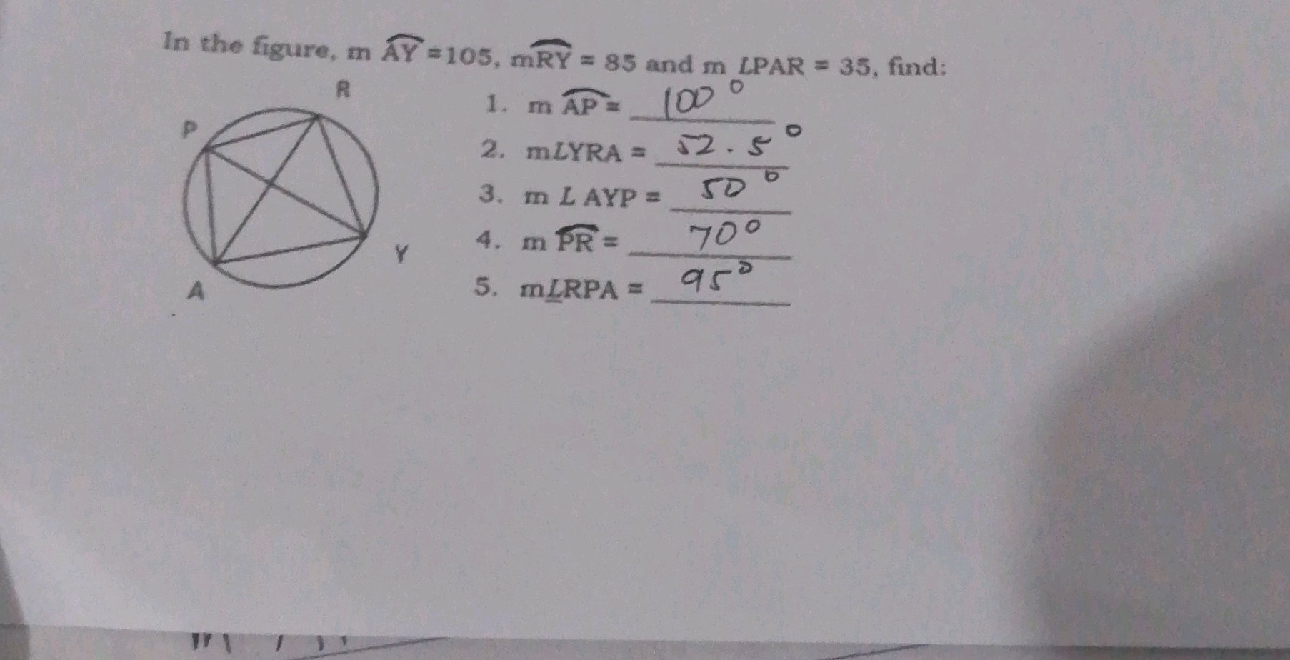 In the figure, m$ { }{AY}$=105, m$ { }{RY}$ | StudyX