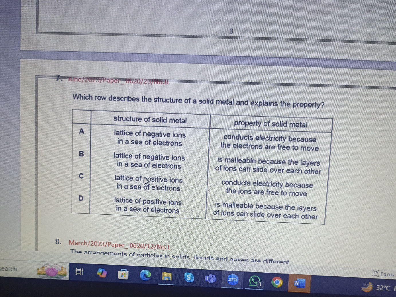 Which row describes the structure of a solid | StudyX