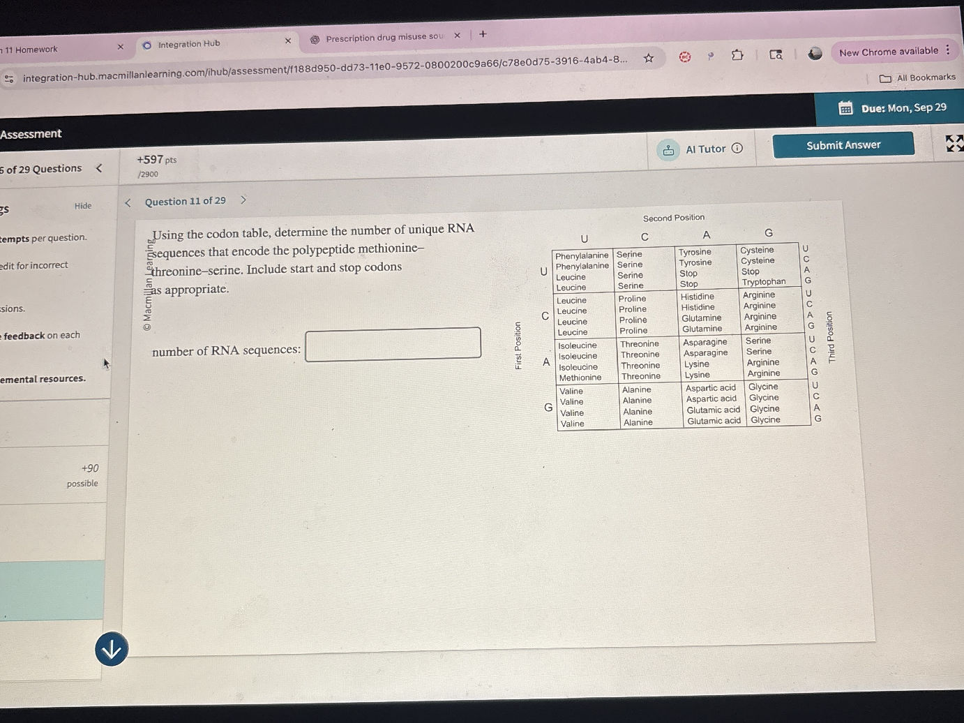 Using the codon table, determine the number | StudyX