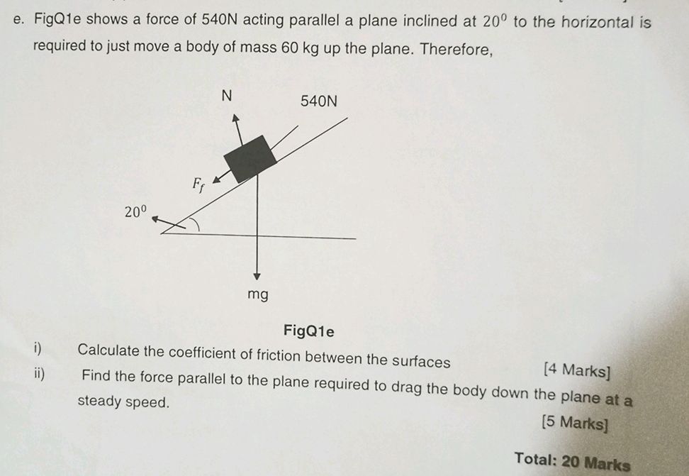 FigQ1e shows a force of 540N acting parallel | StudyX