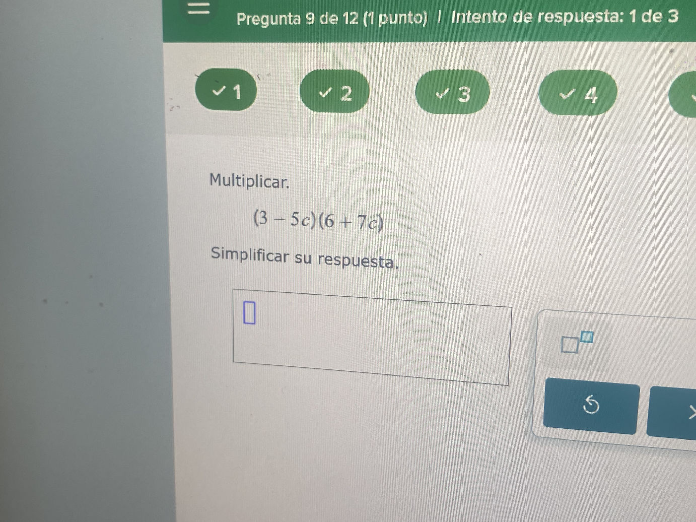 Multiplicar. $(3-5c)(6+7c)$ Simplificar | StudyX