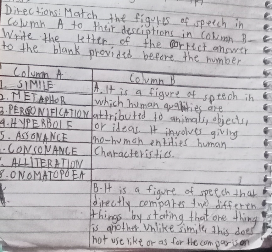 Directions: Match the figures of speech in | StudyX