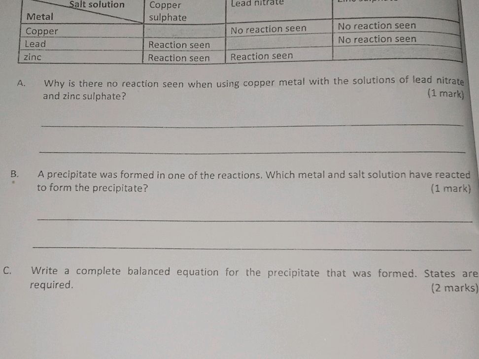 | Metal | Copper sulphate | Lead nitrate | | StudyX
