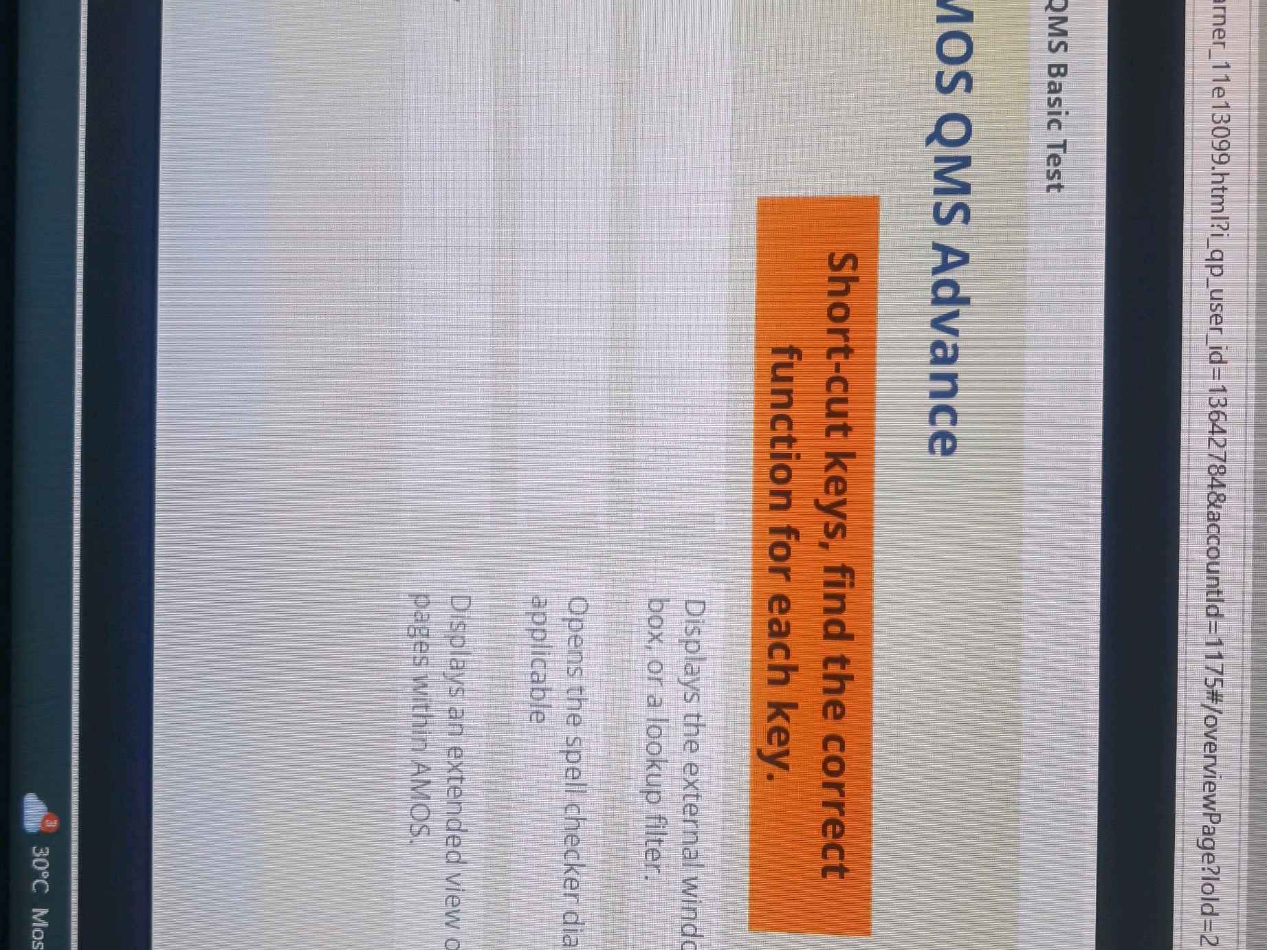 MOS QMS Advance Short-cut keys, find the | StudyX