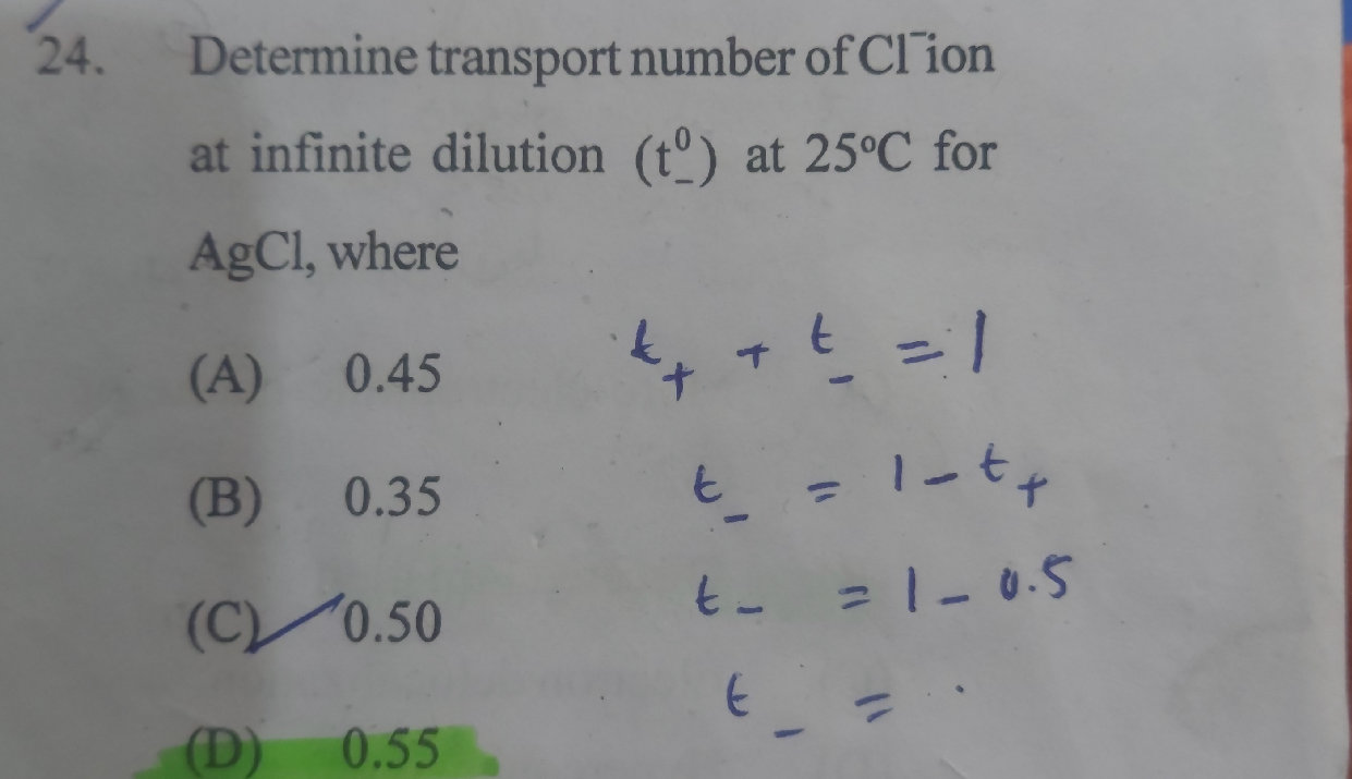 24. Determine transport number of Cl⁻ ion at | StudyX