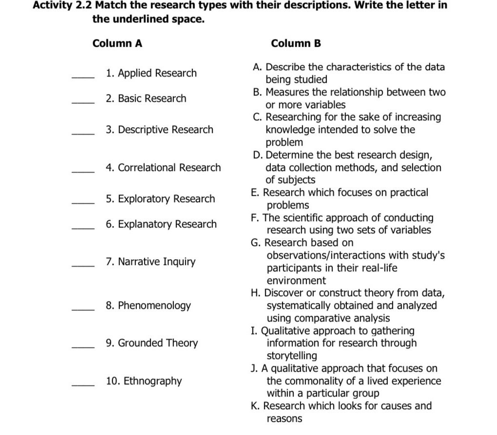 Activity 2.2 Match the research types with | StudyX
