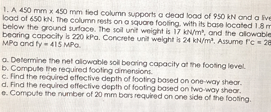 A 450 mm x 450 mm tied column supports a | StudyX