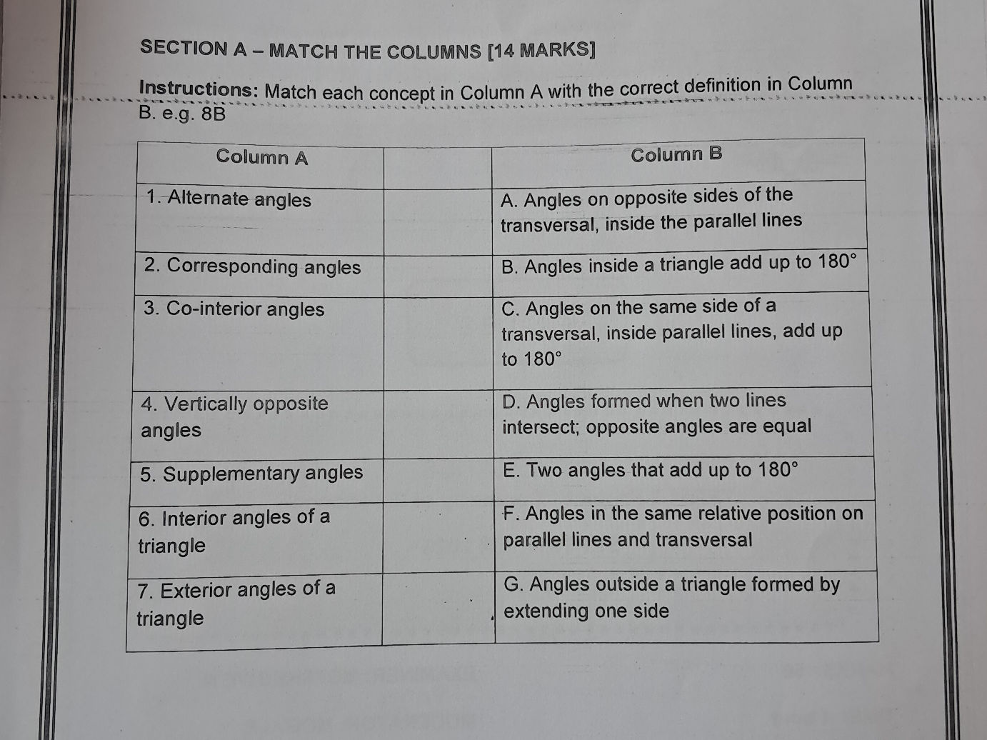 Column Definition In Math Match each concept in Column A with the | StudyX