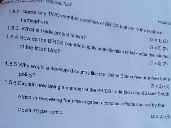 Name any TWO member countries of BRICS that | StudyX