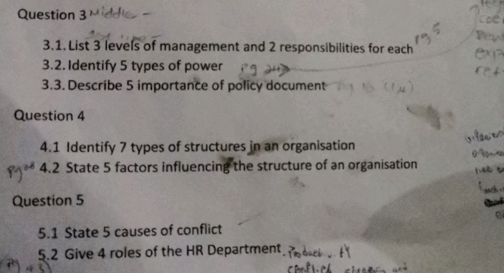Question 3 3.1. List 3 levels of management | StudyX
