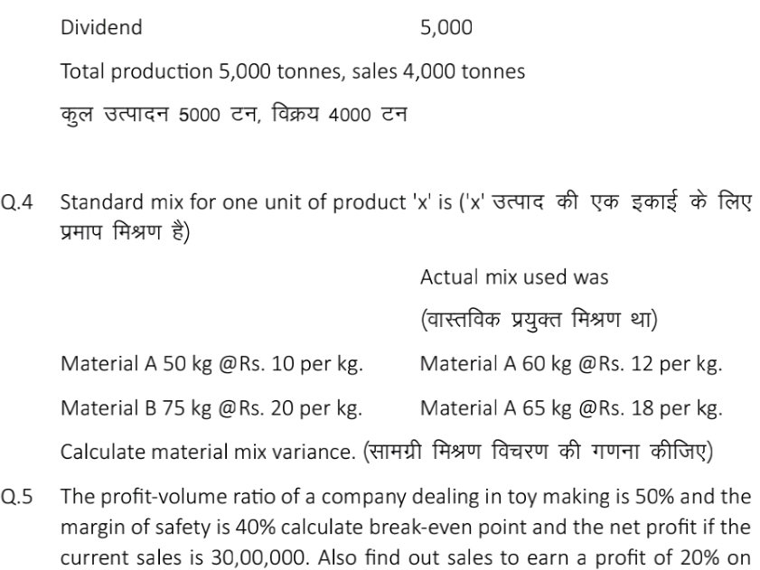 Standard Mix Standard mix for one unit of product 'x' is | StudyX