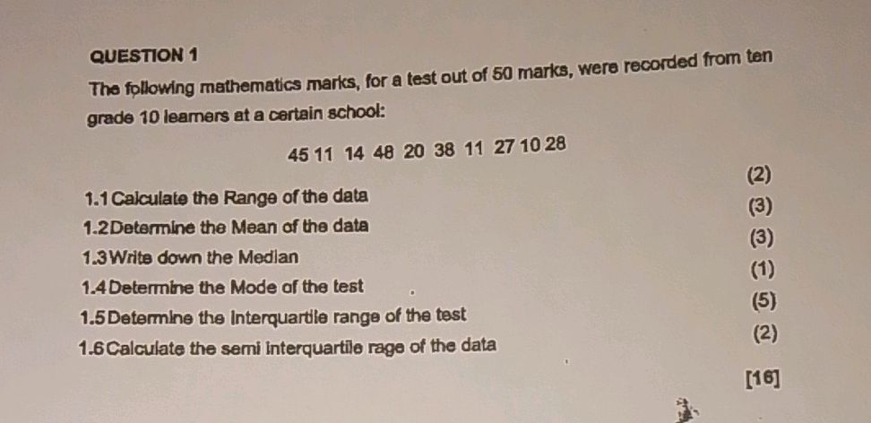 Mark Test Sample Questions Math The following mathematics marks, for a test | StudyX