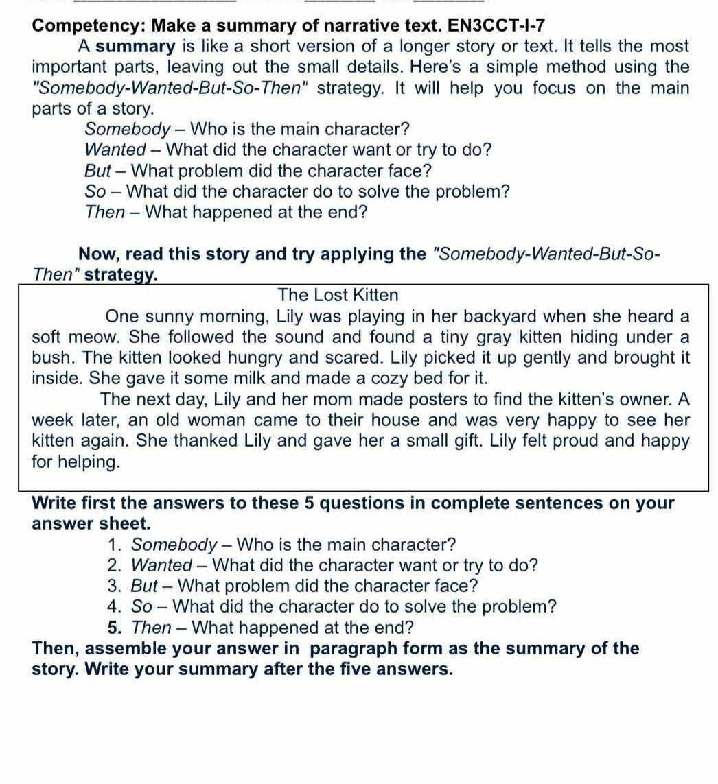 A summary is like a short version of a | StudyX