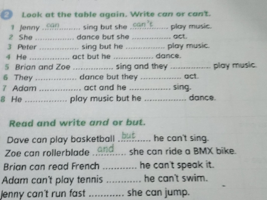 Look at the table again. Write can or can't. | StudyX
