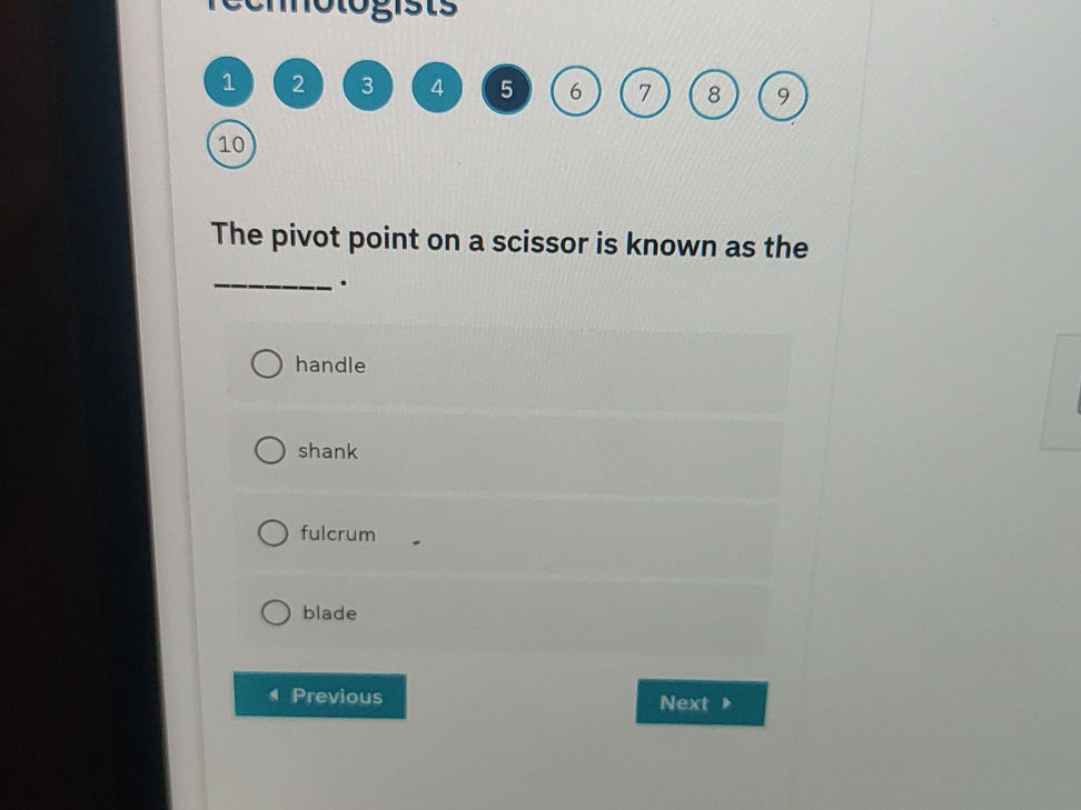 The pivot point on a scissor is known as the | StudyX