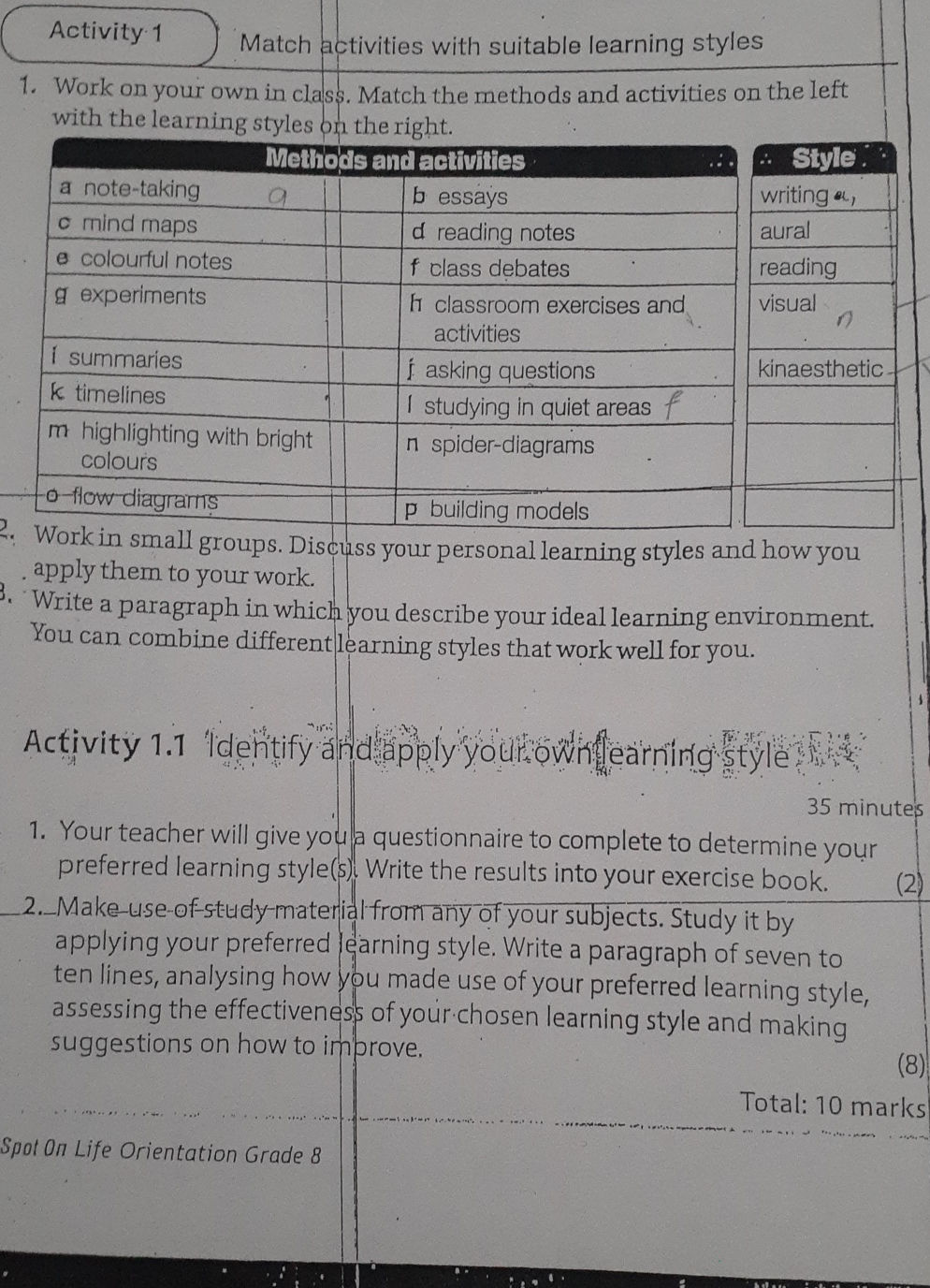Activity 1 Match activities with suitable | StudyX