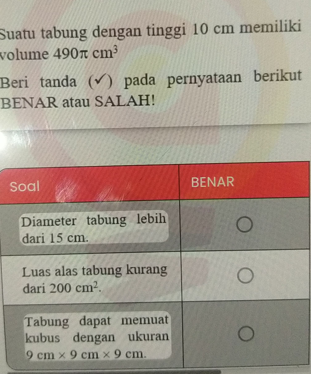 Suatu tabung dengan tinggi 10 cm memiliki | StudyX