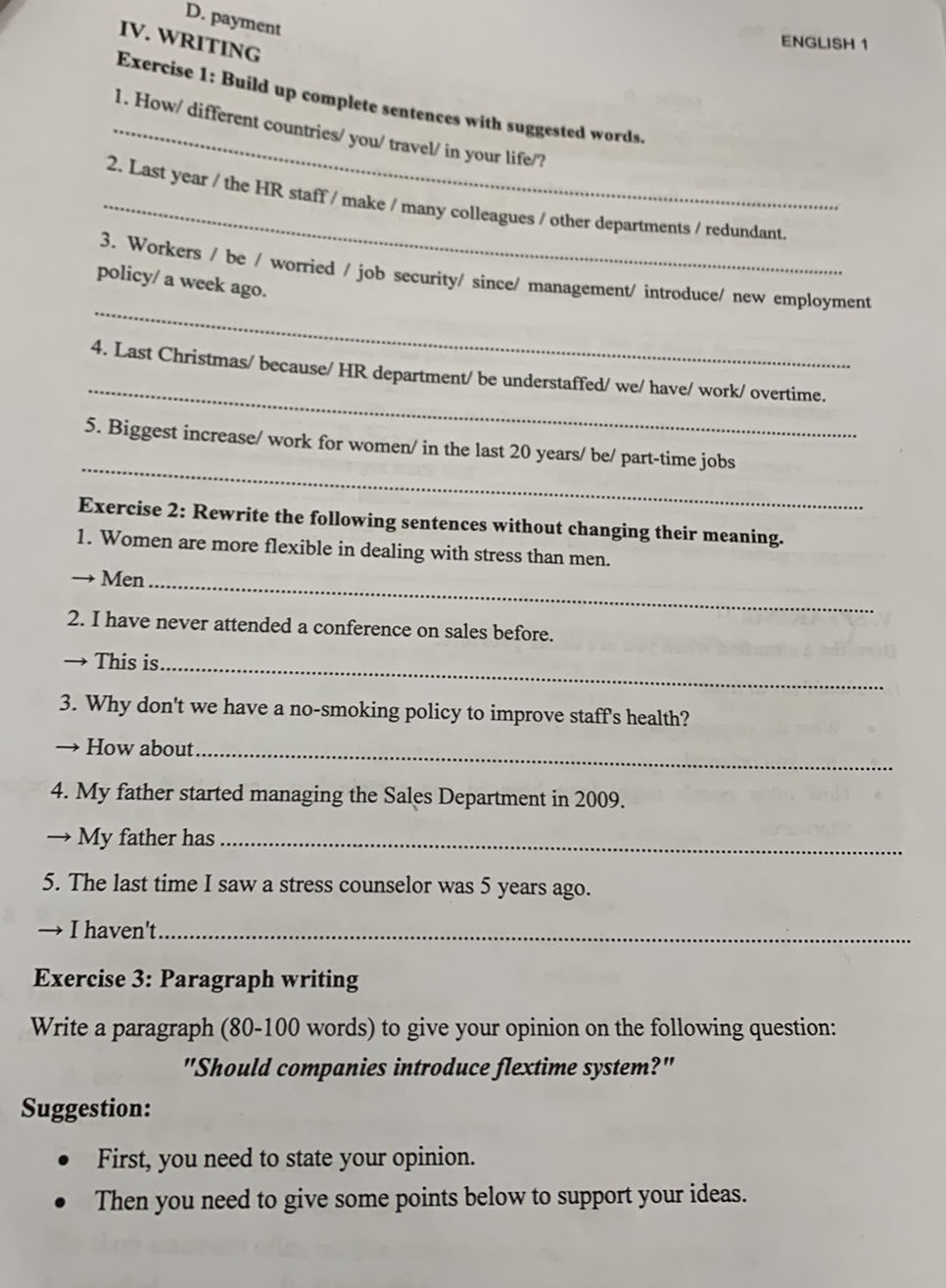 IV. WRITING ENGLISH 1 Exercise 1: Build up | StudyX