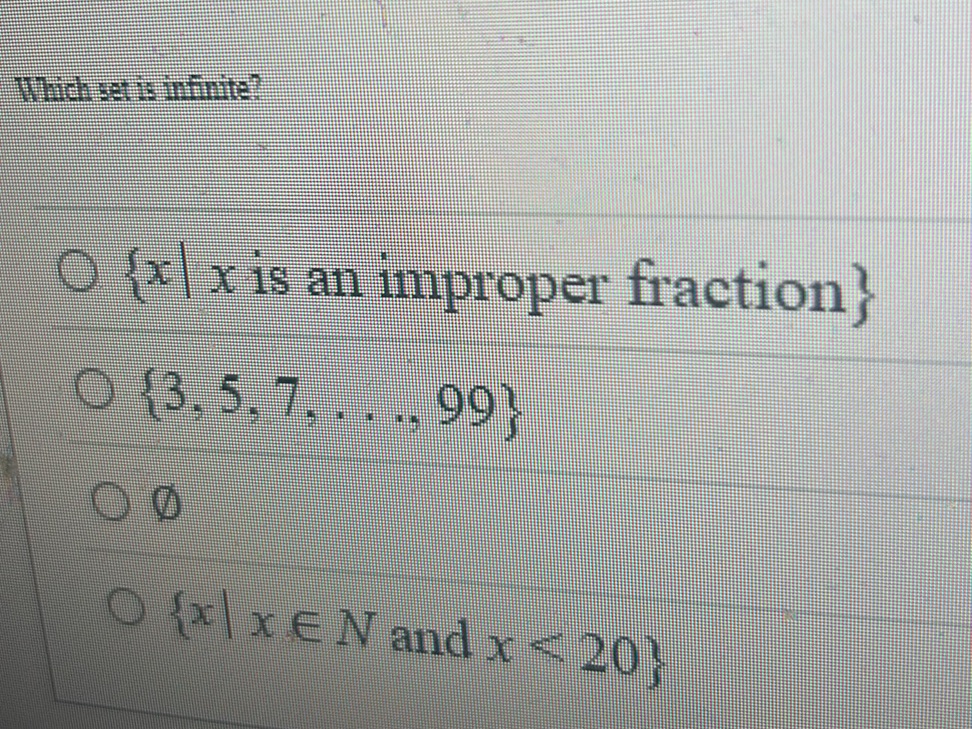 Fraction Infinity Example Which set is infinite? {x | x is an | StudyX